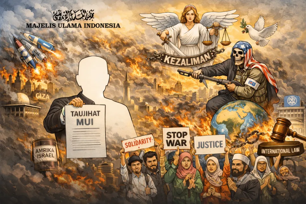 Taujihat MUI hadir sebagai suara moral umat—menantang kezaliman global, menggugat agresi Amerika–Israel, dan menyerukan dunia untuk memilih jalan keadilan, hukum, dan perdamaian yang bermartabat. (Karikatur dibuat oleh AI).